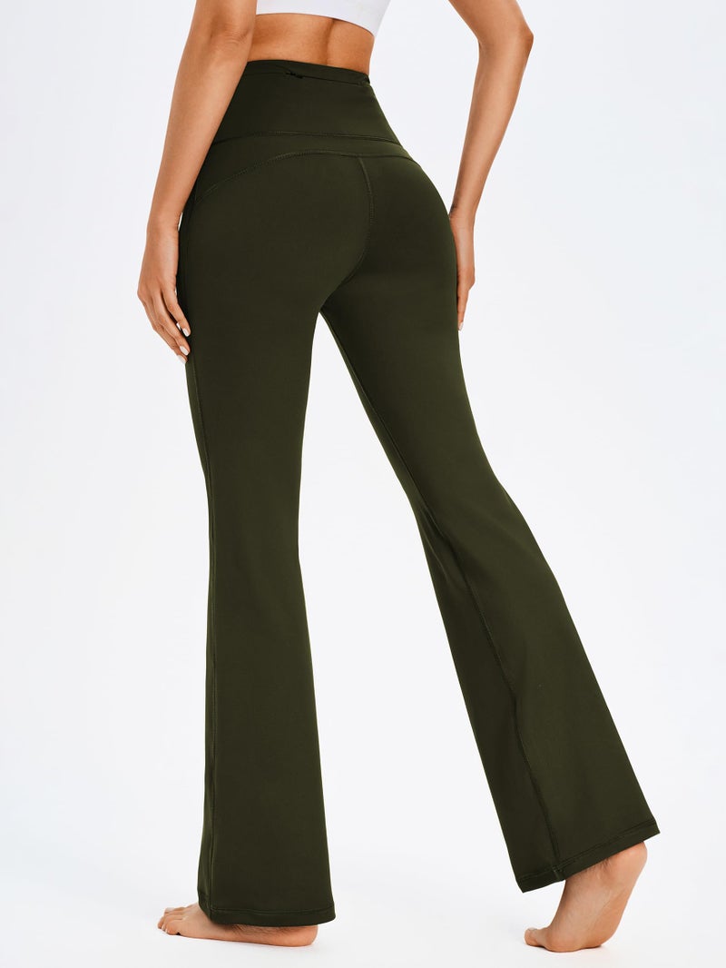 AFITNE Yoga Pants for Women Bootcut Pants with Pockets High Waisted Workout Bootleg Yoga Pants Tall Long Athletic Gym Pants Army Green - M - Image 3